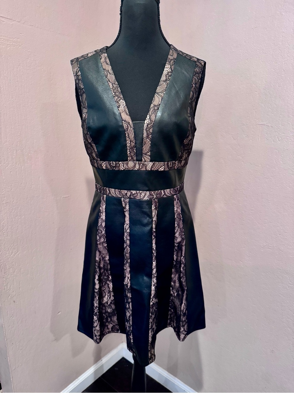 BCBGMaxAzria Black Faux Leather Dress with Lace Trim & Nude Undertones